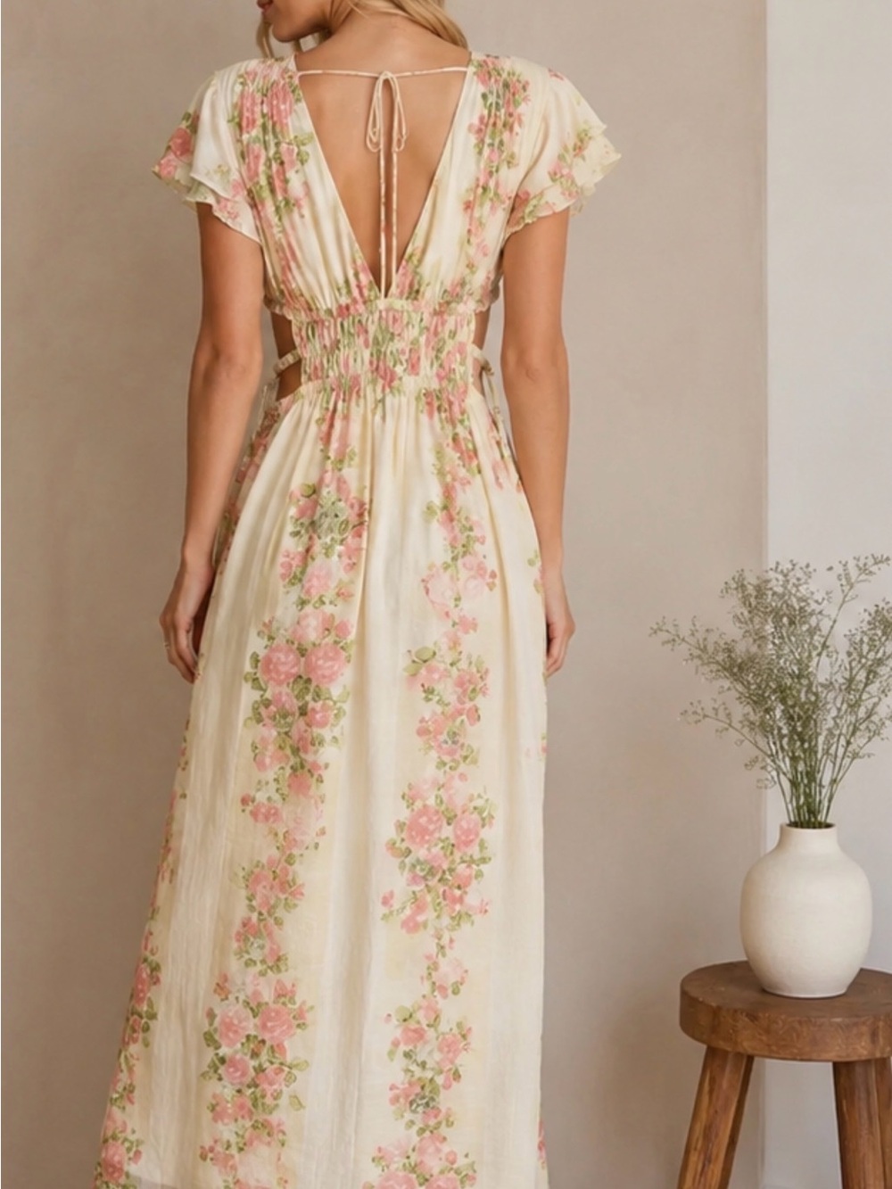Smocked Back Floral Maxi Dress in Cream and Pink